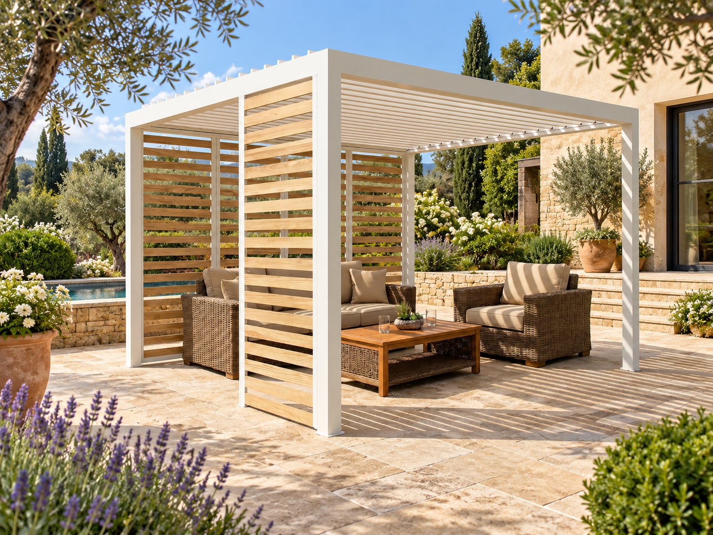 Panel decorativo Tokio integrado en pérgola