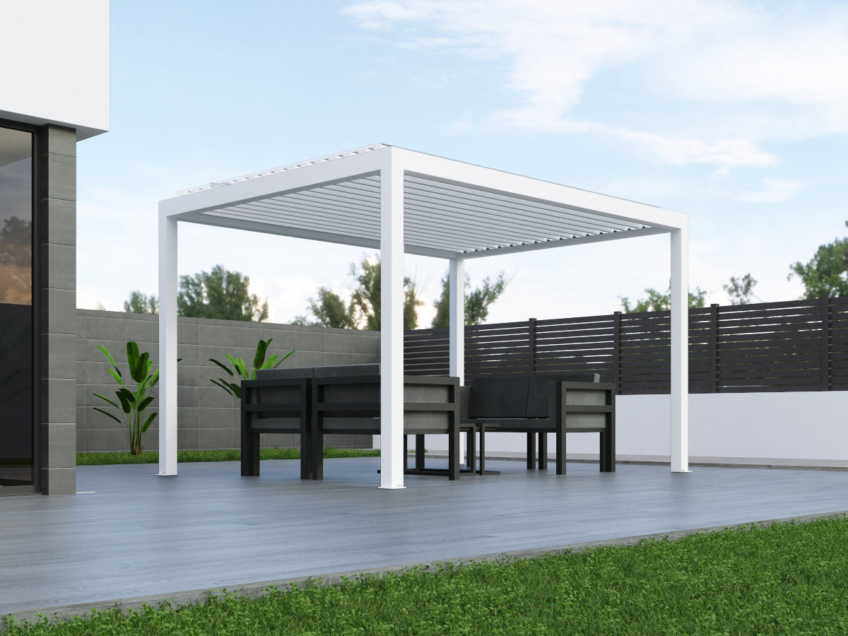 Pérgola Génova con estructura y lamas blancas