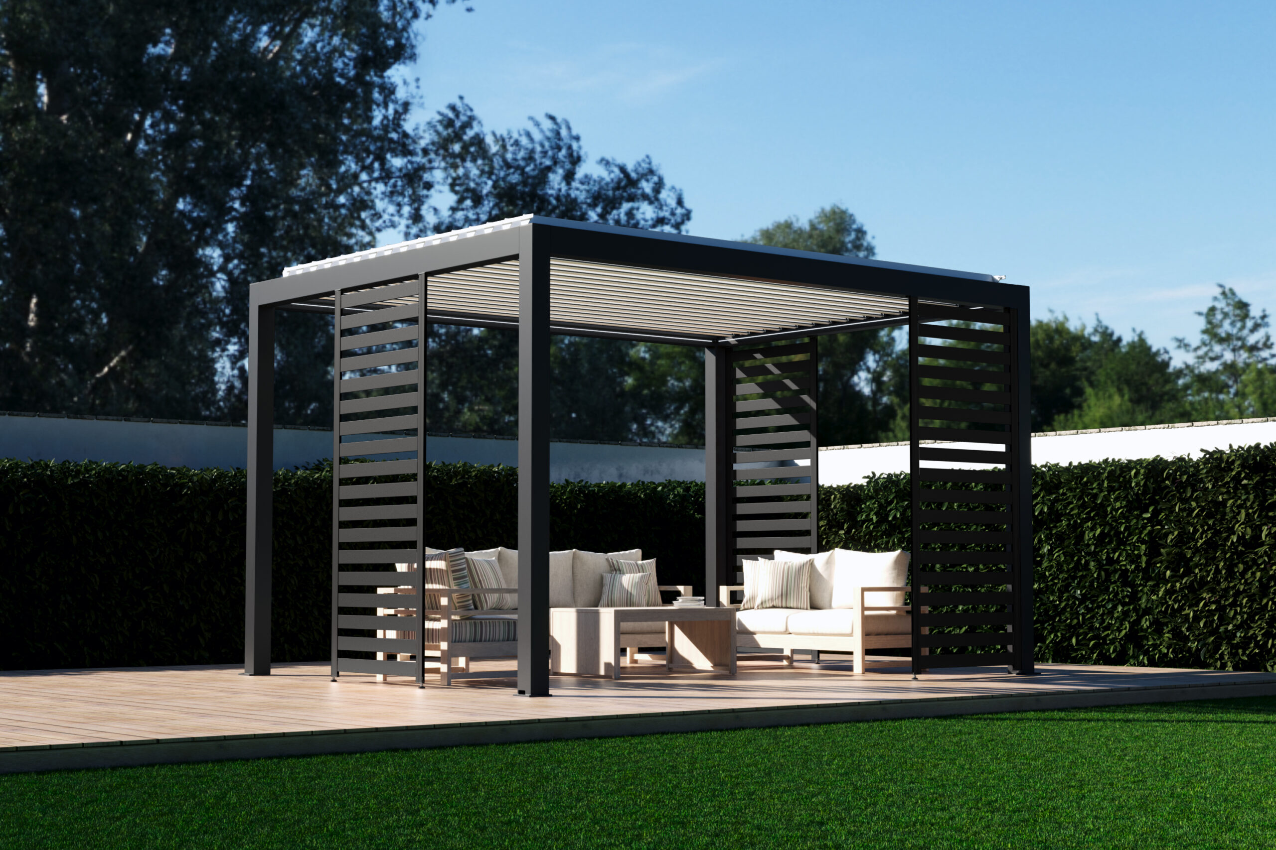 Tokio fijo con perfiles negros y lamas negras sobre pérgola negra